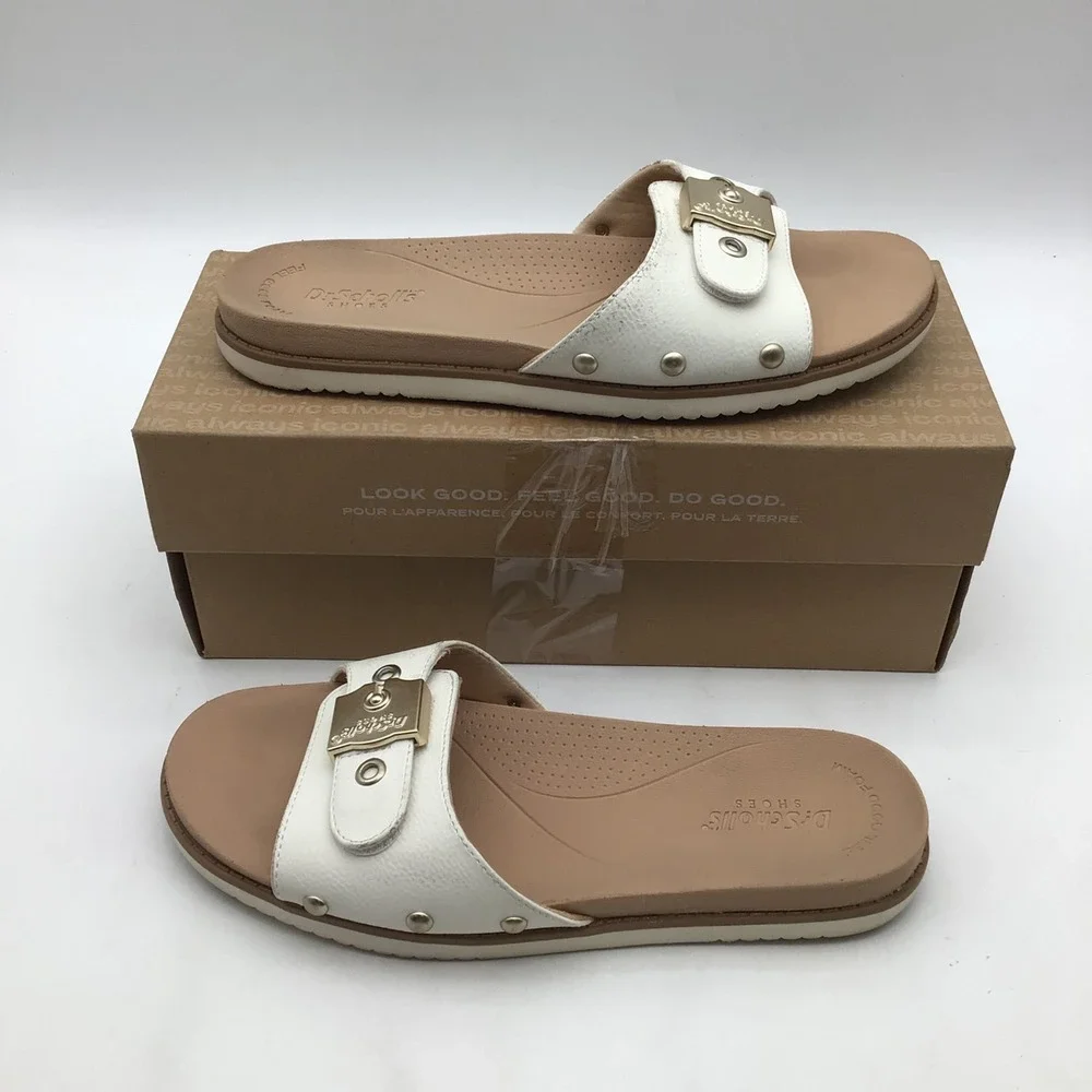 Dr Scholls So Original White Slide Sandals Buckle Studs Womens Size 7 M‎